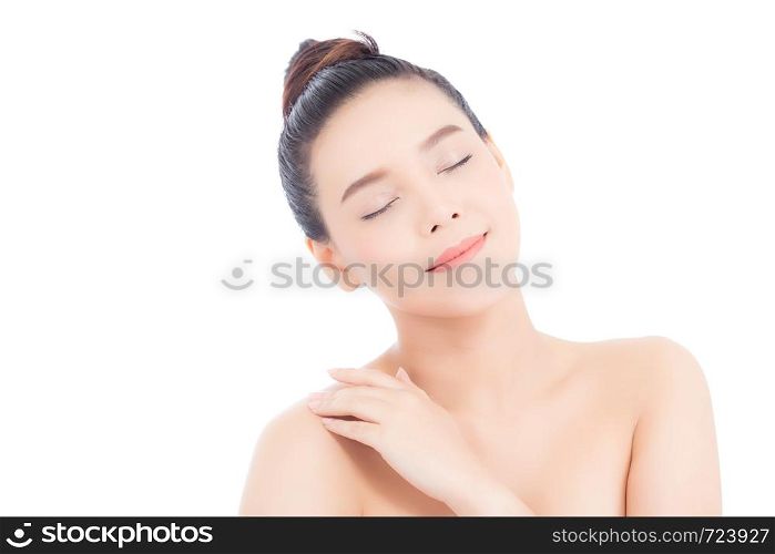 Portrait of beautiful asian woman makeup of cosmetic, girl touch shoulder and smile attractive, face of beauty perfect with wellness isolated on white background with skin healthcare concept.