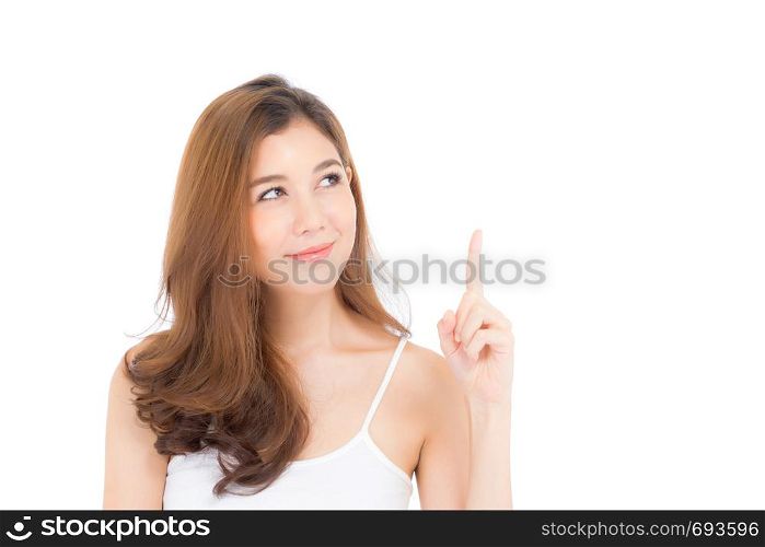 Portrait of beautiful asian woman thinking something and makeup of cosmetic - girl smile on attractive face with skin healthcare concept isolated on white background.