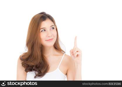 Portrait of beautiful asian woman thinking something and makeup of cosmetic - girl smile on attractive face with skin healthcare concept isolated on white background.