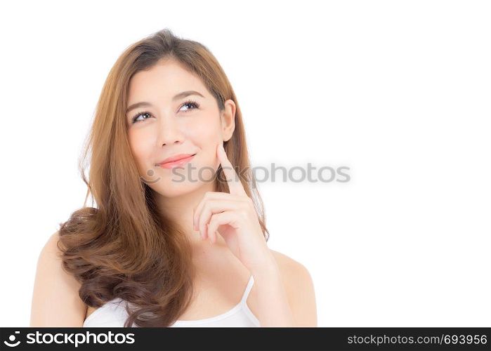 Portrait of beautiful asian woman thinking something and makeup of cosmetic - girl hand touch cheek and smile on attractive face with skin healthcare concept isolated on white background.