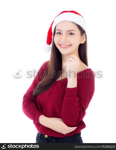 Portrait of beautiful asian young woman with health in santa hat smile and happy, girl model isolated on white background, christmas and holiday concept.