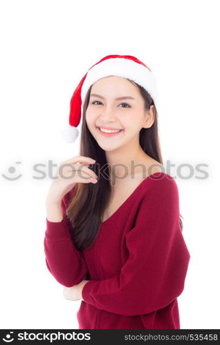 Portrait of beautiful asian young woman with health in santa hat smile and happy, girl model isolated on white background, christmas and holiday concept.