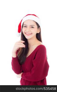Portrait of beautiful asian young woman with health in santa hat smile and happy, girl model isolated on white background, christmas and holiday concept.
