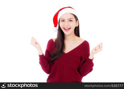 Portrait of beautiful asian young woman with health in santa hat smile and happy, girl model with gesture glad isolated on white background, christmas and holiday concept.