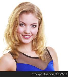 Portrait of beautiful blond girl in sexy deep blue dress isolated on white. Studio shot. Fashion and female beauty.