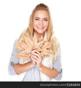 Portrait of beautiful blond girl with dry maple leaves isolated on white background, enjoying autumn season