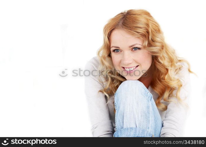 Portrait of beautiful blond woman on white background