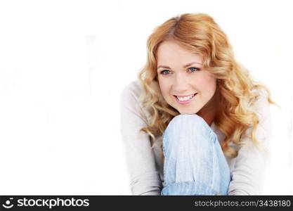 Portrait of beautiful blond woman on white background