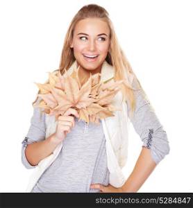 Portrait of beautiful blond woman with dry leaves bouquet isolated on white background, enjoying autumn season