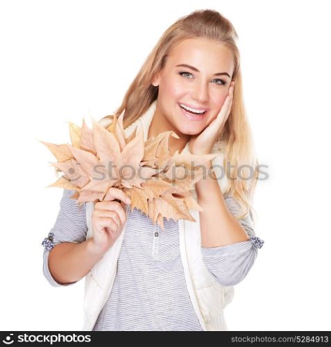 Portrait of beautiful blond woman with dry leaves bouquet isolated on white background, enjoying autumn season