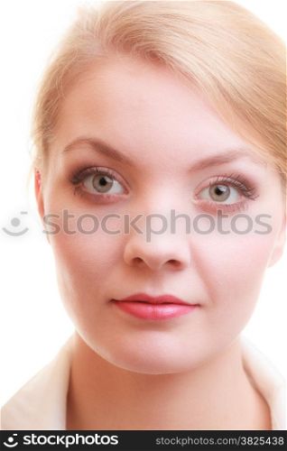 Portrait of beautiful blonde businesswoman isolated. Face of girl with make-up. Business concept. Studio shot.