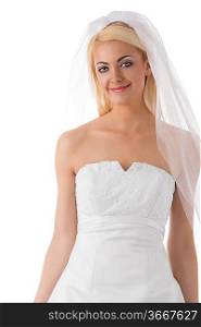portrait of beautiful blonde girl dressing as bride with white veil, green eyes and smooth hair
