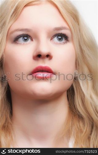 portrait of beautiful blonde woman white background