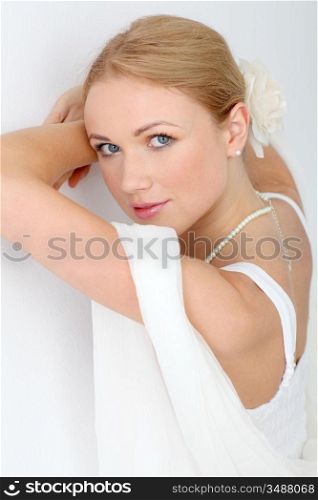 Portrait of beautiful bride on white background