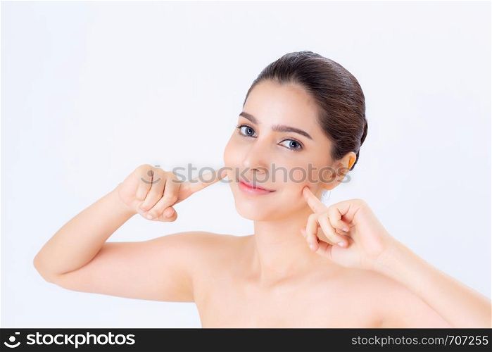 Portrait of beautiful brunette woman makeup of cosmetic, girl hand touch cheek and smile attractive, face of beauty perfect with wellness isolated on white background with skin healthcare concept.