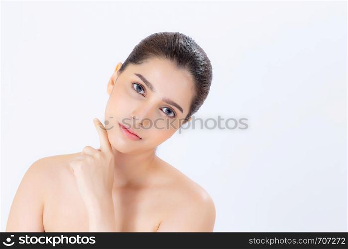 Portrait of beautiful brunette woman makeup of cosmetic, girl hand touch chin and smile attractive, face of beauty perfect with wellness isolated on white background with skin healthcare concept.