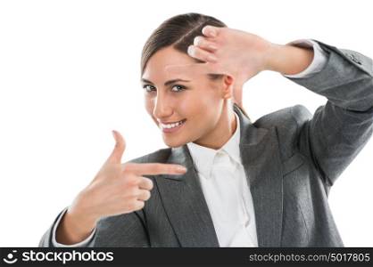 Portrait of beautiful business woman making frame gesture on white background