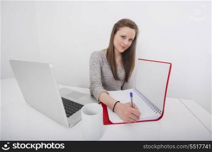 Portrait of beautiful businesswoman writing in book at office desk