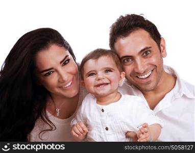 Portrait of beautiful cheerful family isolated on white background, mother and father hugging their cute daughter, happiness concept