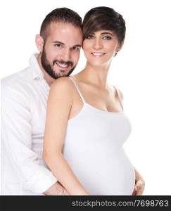 Portrait of beautiful couple waiting baby posing in the studio, isolated on white background, happy young family, enjoying pregnancy
