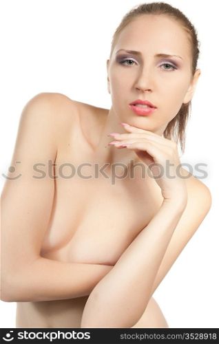 Portrait of beautiful female model. Isolated on white