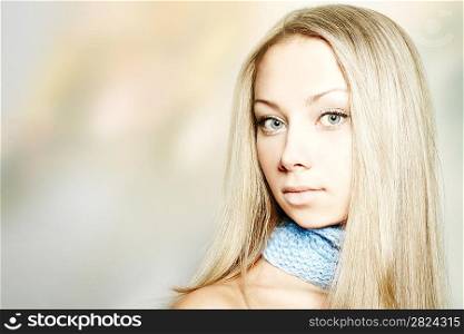 Portrait of beautiful female model on color background