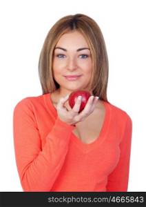 Portrait of beautiful female model with a apple on white background
