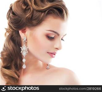 Portrait of beautiful female wedding model isolated on white background