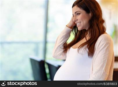 Portrait of beautiful happy pregnant woman at home, having a good time, enjoying pregnancy, healthy lifestyle