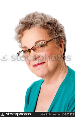 Portrait of beautiful happy smiling senior woman face with gray hair and wearing glasses, isolated.
