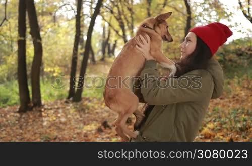 Portrait of beautiful hipster girl in stylish outfit holding her cute puppy and smiling in public park over gold autumn background. Attractive brunette woman and her dog enjoying good autumn weather in indian summer. Slow motion.