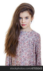 Portrait of beautiful little girl, studio on white background