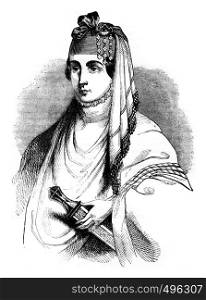 Portrait of beautiful Maani Giorida, wife of Peter Della alle, vintage engraved illustration. Magasin Pittoresque 1841.