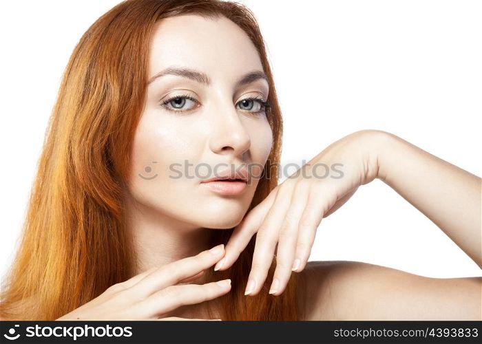 portrait of beautiful redhead young woman isolated on white background&#xA;