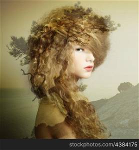 Portrait of beautiful sensual woman with elegant hairstyle. Fashion photo. Double exposure portrait of woman combined with photograph of nature