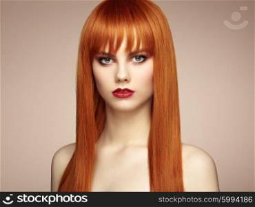 Portrait of beautiful sensual woman with elegant hairstyle. Perfect makeup. Redhead girl. Fashion photo
