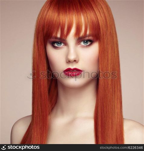 Portrait of beautiful sensual woman with elegant hairstyle. Perfect makeup. Redhead girl. Fashion photo