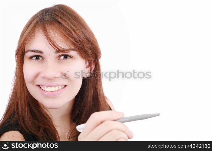 Portrait of beautiful smiling businesswoman with pen at office.