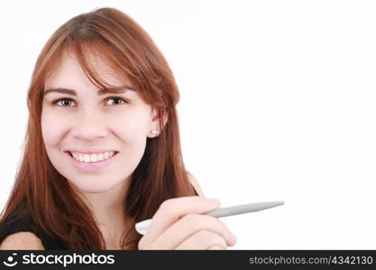 Portrait of beautiful smiling businesswoman with pen at office.