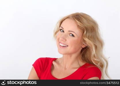 Portrait of beautiful smiling woman with red shirt