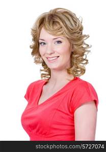 Portrait of beautiful smiling young woman in red with curly blonde hair