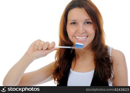Portrait of beautiful teen girl in braces. Isolated on a white background