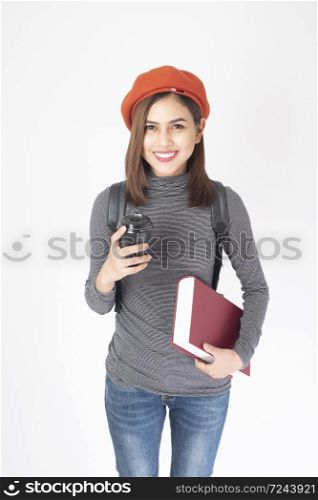 portrait of Beautiful university woman on white background