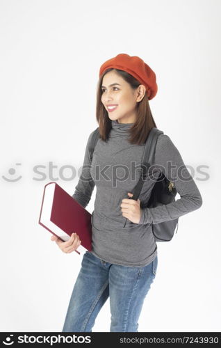 portrait of Beautiful university woman on white background