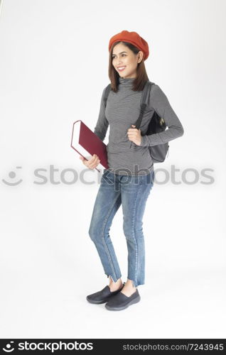portrait of Beautiful university woman on white background