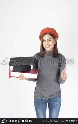 portrait of Beautiful university woman on white background