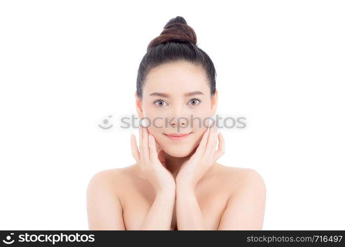 Portrait of beautiful woman asian makeup of cosmetic, girl hand touch cheek and smile attractive, face of beauty perfect with wellness isolated on white background with skin healthcare concept.