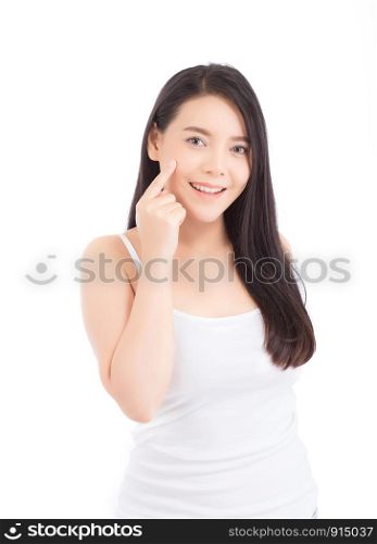 Portrait of beautiful woman asian makeup of cosmetic, girl hand touch cheek and smile attractive, face of beauty perfect with wellness isolated on white background with skin healthcare concept.