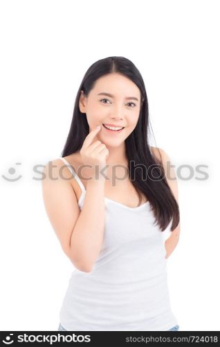 Portrait of beautiful woman asian makeup of cosmetic, girl hand touch lips and mouth and smile attractive, face of beauty perfect with wellness isolated on white background with skin healthcare concept.