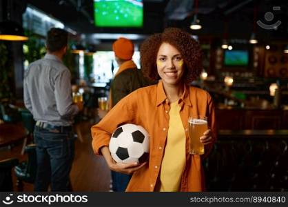 Portrait of beautiful woman football fan with creative makeup on face holding beer glass pint and looking in camera. Soccer match broadcasting in sports bar. Portrait of beautiful woman football fan with beer glass